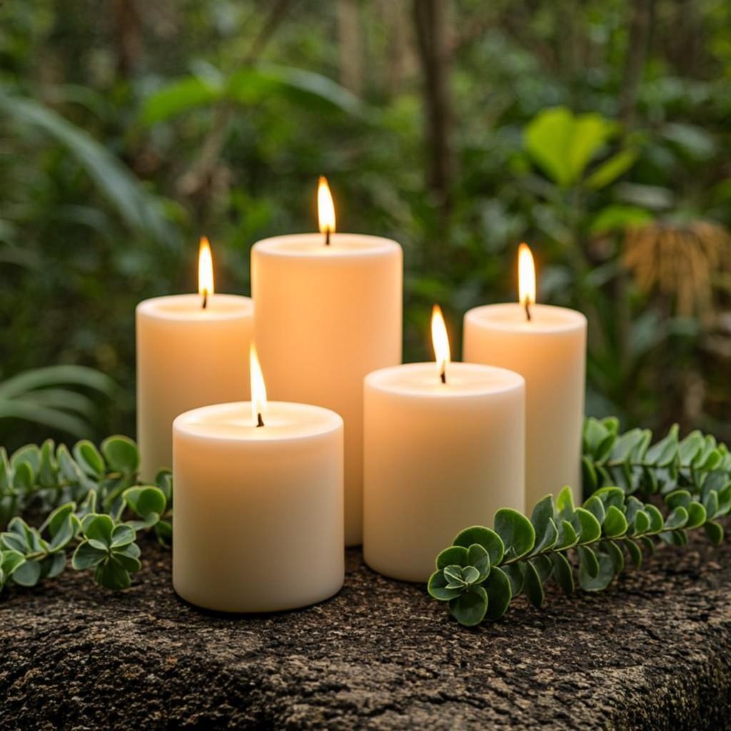 Velas de spa encendidas sobre piedra con eucalipto