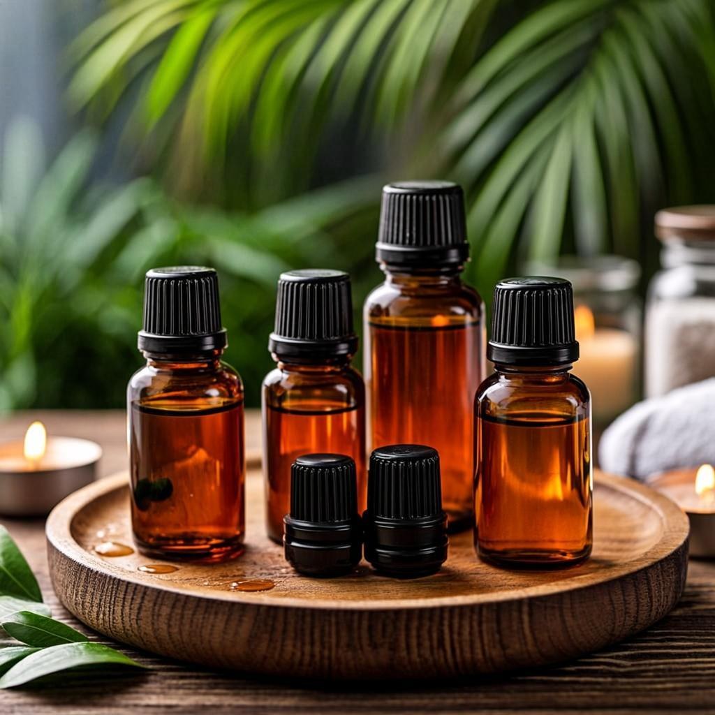Botellas de aceite esencial en bandeja de madera con hojas tropicales